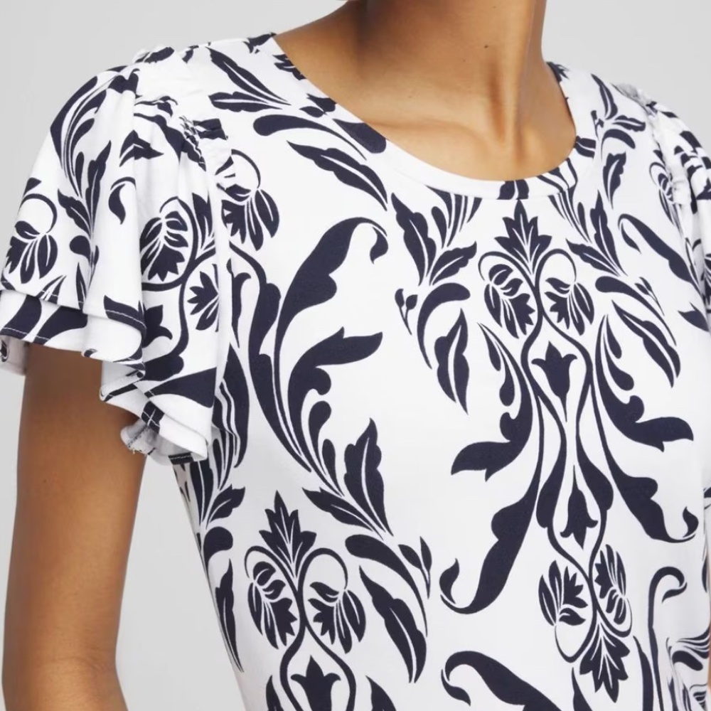 NWT Chico’s Touch of Cool Swirl Ruffle Sleeve Tee Navy - Picture 2 of 7